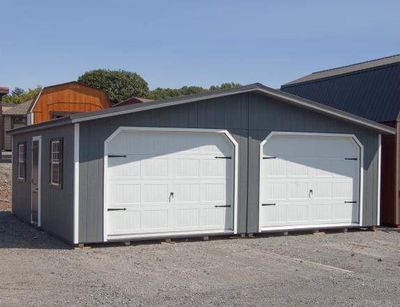 24x28 Two-Car Modular Garage With Dark Grey LP Smart Side, White Trim, White Garage Doors, and Black Shutters