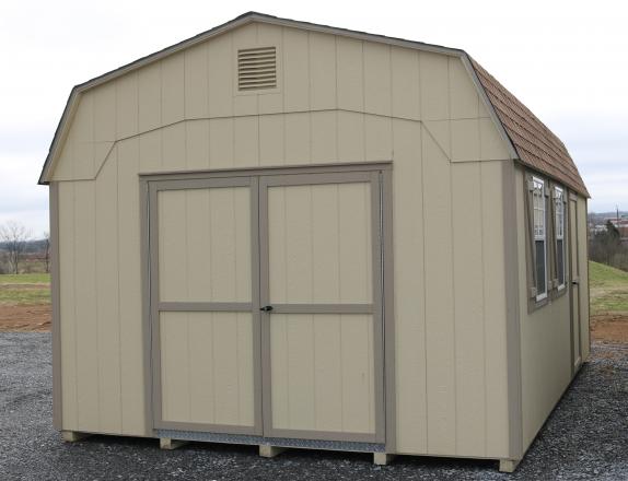 Pine Creek 12x20 HD Dutch Organizer with Beige walls, PC Clay trim and PC Clay shutters, and Shakewood shingles